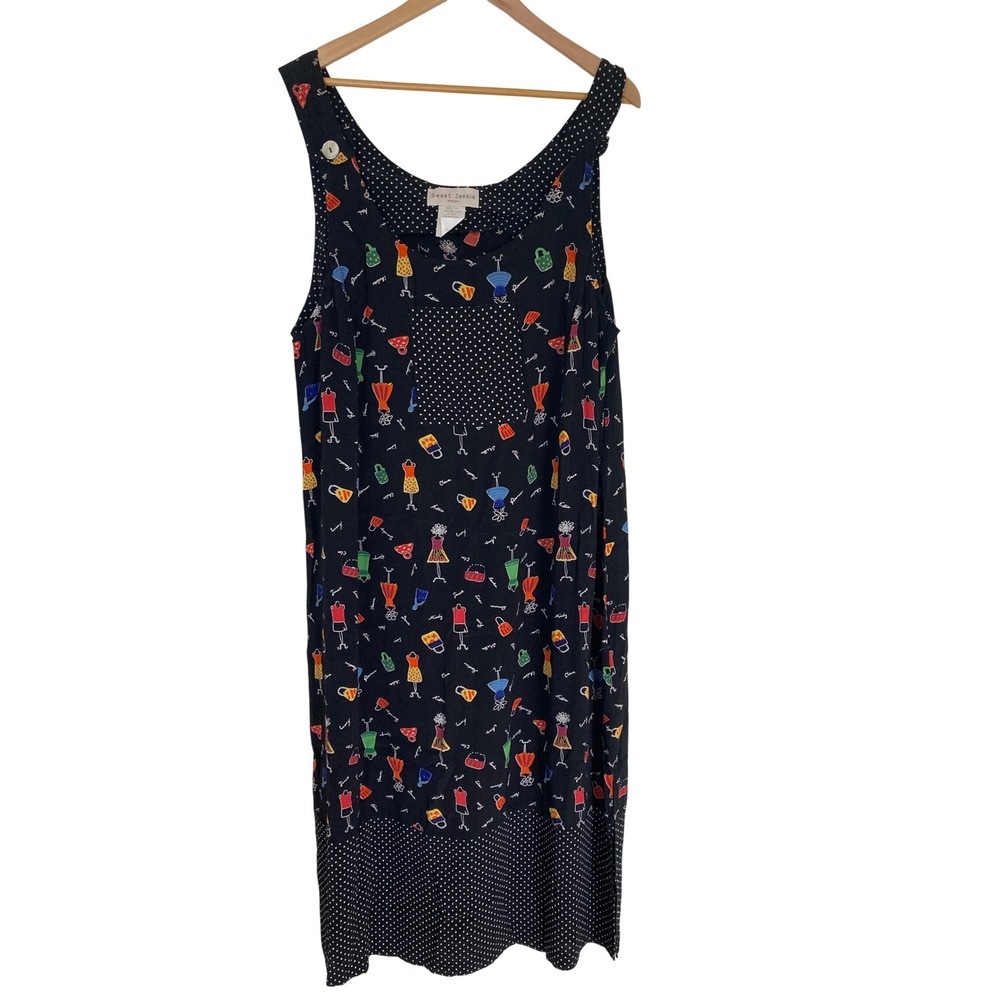 Sweet Jessie Woman Vintage Novelty Print Dress Black Polka Dot Rayon Midi L